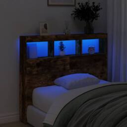 Berkfield Home Headboard Cabinet with LED Smoked Oak 120x17x102 cm in Brown - Size: 120 x 17 x 102 cm - thumbnail 4