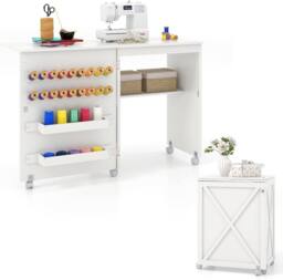 Gymax Folding Sewing Table Sewing Cabinet 18 Pegs Storage Trays & Barn-door in White