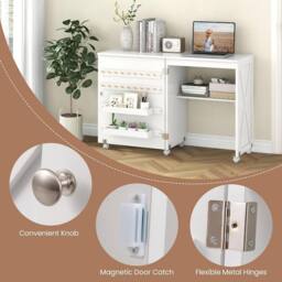Gymax Folding Sewing Table Sewing Cabinet 18 Pegs Storage Trays & Barn-door in White - thumbnail 6