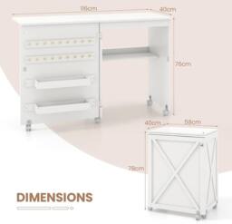 Gymax Folding Sewing Table Sewing Cabinet 18 Pegs Storage Trays & Barn-door in White - thumbnail 3