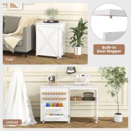 Gymax Folding Sewing Table Sewing Cabinet 18 Pegs Storage Trays & Barn-door in White - thumbnail 5