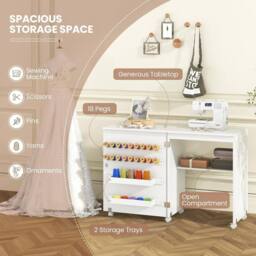 Gymax Folding Sewing Table Sewing Cabinet 18 Pegs Storage Trays & Barn-door in White - thumbnail 2