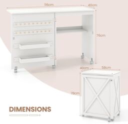 Folding Sewing Table Sewing Cabinet 18 Pegs Storage Trays & Barn-door - thumbnail 4