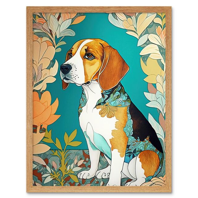 "Artery8 Wall Art Print Beagle Dog With Floral Frame & Ornate Fur Coat Colourful Modern Art Nouveau Art Framed in Light Oak - Size: W12"" x H16""" - image 1