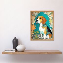 "Artery8 Wall Art Print Beagle Dog With Floral Frame & Ornate Fur Coat Colourful Modern Art Nouveau Art Framed in Light Oak - Size: W12"" x H16""" - thumbnail 2