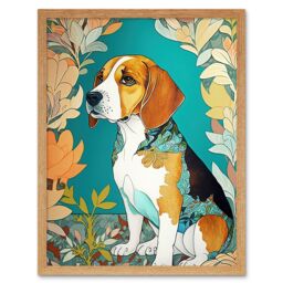"Artery8 Wall Art Print Beagle Dog With Floral Frame & Ornate Fur Coat Colourful Modern Art Nouveau Art Framed in Light Oak - Size: W12"" x H16""" - thumbnail 1