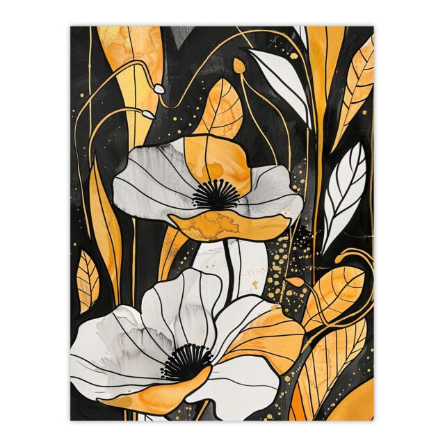 "Artery8 Abstract Gold Black Poppy Flowers Floral Painting Wall Art Print - Size: W18"" x H24""" - image 1