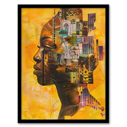 "Artery8 Abstract African Woman Portrait Futuristic Ochre Framed Art Print in Mustard - Size: W12"" x H16""" - thumbnail 1