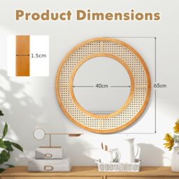 Gymax Rattan Round Wall Mirror 65CM Decorative Vanity Mirror Wooden Framed in Natural - thumbnail 2