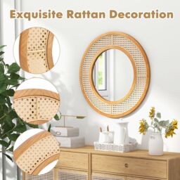Gymax Rattan Round Wall Mirror 65CM Decorative Vanity Mirror Wooden Framed in Natural - thumbnail 4