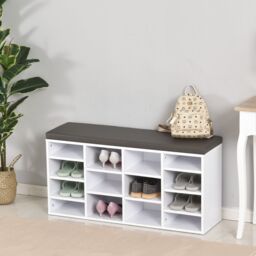 HOMCOM Shoe Rack w/ 14 Compartments Cushion Moving Shelves for Home in White - thumbnail 1