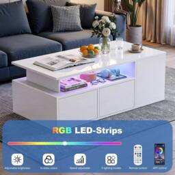 KORVIXA Led High Gloss Coffee Table With 2 Push Latch Open Drawers in White - Size: 100 cm x 100 cm - thumbnail 5
