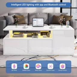 KORVIXA Led High Gloss Coffee Table With 2 Push Latch Open Drawers in White - Size: 100 cm x 100 cm - thumbnail 4