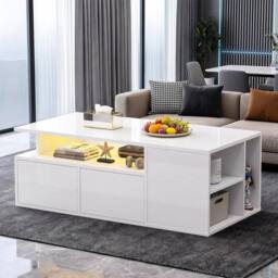 KORVIXA Led High Gloss Coffee Table With 2 Push Latch Open Drawers in White - Size: 100 cm x 100 cm - thumbnail 3