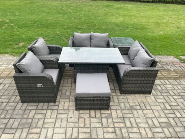Fimous Rattan Furniture Outdoor Garden Dining Set Patio Height Adjustable Rising lifting Table Chair With Side Table in Dark Grey - image 1