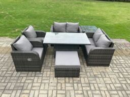 Fimous Rattan Furniture Outdoor Garden Dining Set Patio Height Adjustable Rising lifting Table Chair With Side Table in Dark Grey - thumbnail 2