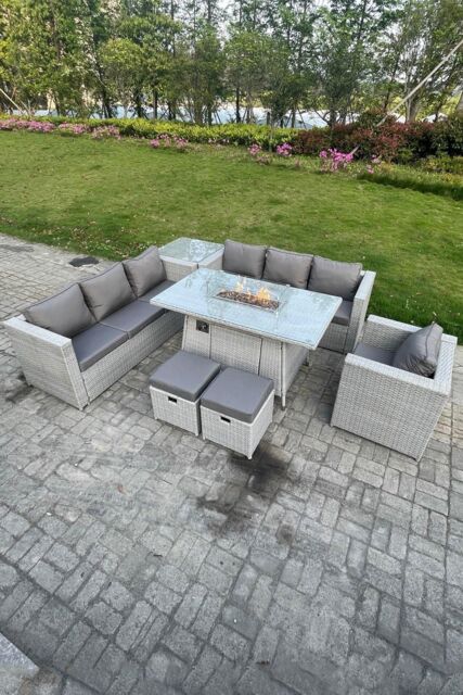 Fimous Rattan Fire Pit Dining Table Set Gas Heater Burner Lounge Sofa Side Coffee Table in Light Grey - image 1