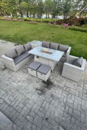 Fimous Rattan Fire Pit Dining Table Set Gas Heater Burner Lounge Sofa Side Coffee Table in Light Grey - thumbnail 3