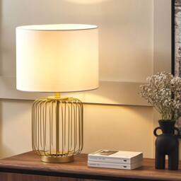 Wyld and Coco Gold Cage Table Lamp - White Cotton Shade 35x35x58cm - Size: 35 x 35 x 58 cm - thumbnail 1