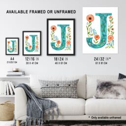 "Artery8 Women's Wall Art Print Letter J in Watercolour Wildflowers Poppy Abstract Floral Word Art For Her Poster - Size: W24"" x H32""" - thumbnail 3