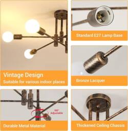 COMELY Vintage Ceiling Lights, 6 Lights Semi Flush Mount Ceiling Lights, Bronze - thumbnail 8