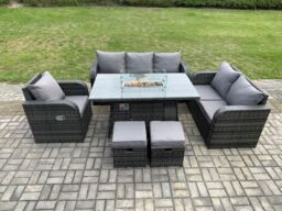 Fimous Wicker Rattan Garden Furniture Set with Fire Pit Table 8 Seater Outdoor Lounge Sofa Set Dark Grey Mixed - thumbnail 1
