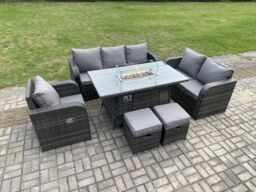 Fimous Wicker Rattan Garden Furniture Set with Fire Pit Table 8 Seater Outdoor Lounge Sofa Set Dark Grey Mixed - thumbnail 3