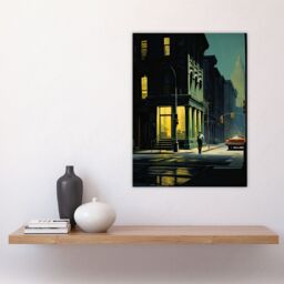 "Artery8 Wall Art Print New York at Dawn Edward Hopper Style Oil Painting Yellow Green Blue Man Walking in Empty City Street Poster - Size: W18"" x H24""" - thumbnail 4