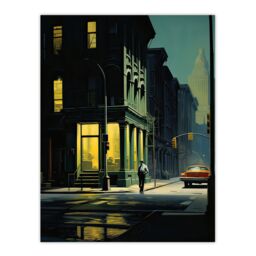 "Artery8 Wall Art Print New York at Dawn Edward Hopper Style Oil Painting Yellow Green Blue Man Walking in Empty City Street Poster - Size: W18"" x H24""" - thumbnail 1