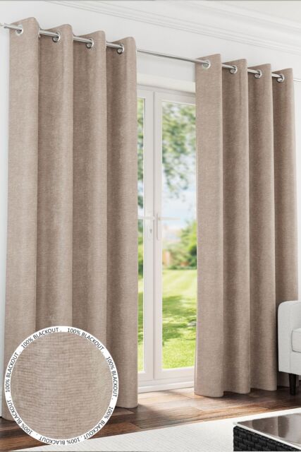 Enhanced Living 100% Blackout Chenille Thermal Eyelet Curtains for Living Room/Bedroom in Light Sand - Size: 168 cm width x 137 cm drop - image 1