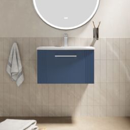 Balterley Wall Hung 1 Drawer Vanity Unit - Curved Ceramic Basin 600mm, Satin Blue - thumbnail 2