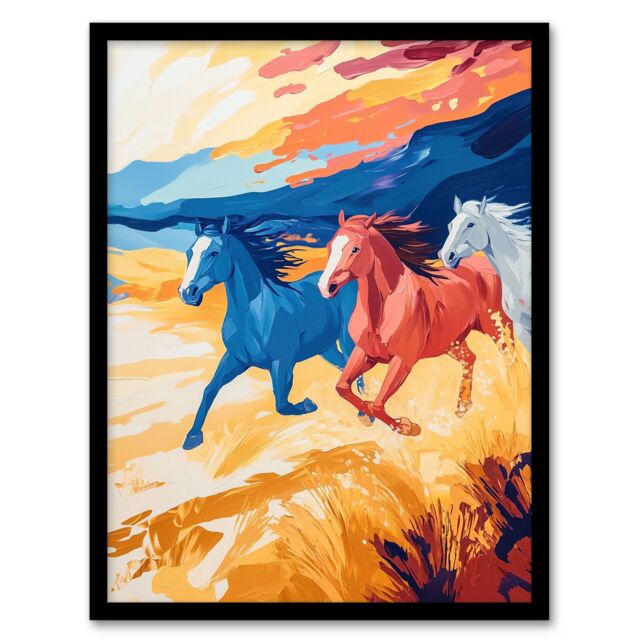 "Artery8 Wild Horses Running Desert Landscape Oil Painting Framed Art Print in Orange - Size: W12"" x H16""" - image 1