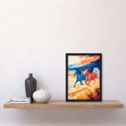 "Artery8 Wild Horses Running Desert Landscape Oil Painting Framed Art Print in Orange - Size: W12"" x H16""" - thumbnail 4