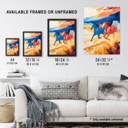"Artery8 Wild Horses Running Desert Landscape Oil Painting Framed Art Print in Orange - Size: W12"" x H16""" - thumbnail 3