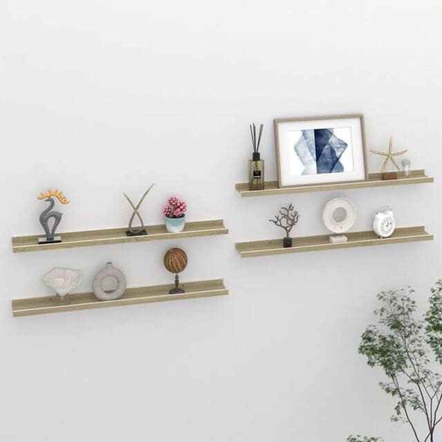 Berkfield Home Wall Shelves 4 pcs White & Sonoma Oak 80x9x3 cm in Light Oak - Size: 80 x 9 x 3 cm - image 1