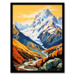 Artery8 Wall Art Print Aoraki Mount Cook Artwork Amber Orange Blue National Park New Zealand Snow Peaked Mountain Cloud Piercer Art Framed - thumbnail 1