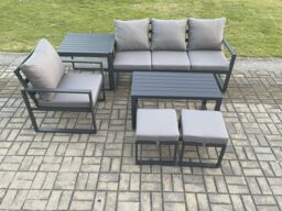 Fimous Aluminium 6 Pieces Garden Furniture Sofa Set with Cushions 6 Seater Outdoor Patio Set with Armchair 2 Small Footstools Side Table in Dark Grey - thumbnail 2