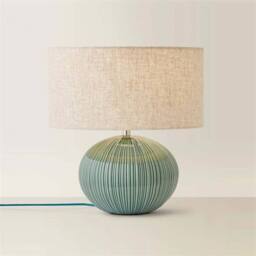 Nordara Ceramic Table Lamp Ribbed Green Base Linen Lampshade in Brown - thumbnail 2