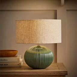 Nordara Ceramic Table Lamp Ribbed Green Base Linen Lampshade in Brown - thumbnail 6