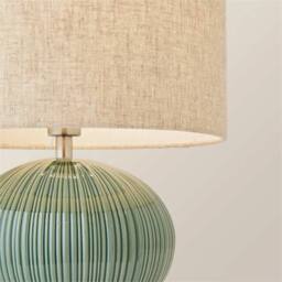 Nordara Ceramic Table Lamp Ribbed Green Base Linen Lampshade in Brown - thumbnail 3