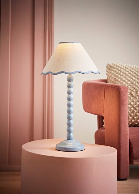 ValueLights Bobbins Powder Blue Table Lamp with Tapered Natural Linen Scallop Shade & Bulb in Pale Blue - image 1