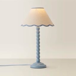 ValueLights Bobbins Powder Blue Table Lamp with Tapered Natural Linen Scallop Shade & Bulb in Pale Blue - thumbnail 3