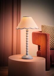 ValueLights Bobbins Powder Blue Table Lamp with Tapered Natural Linen Scallop Shade & Bulb in Pale Blue - thumbnail 2