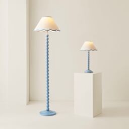 ValueLights Bobbins Powder Blue Table Lamp with Tapered Natural Linen Scallop Shade & Bulb in Pale Blue - thumbnail 6
