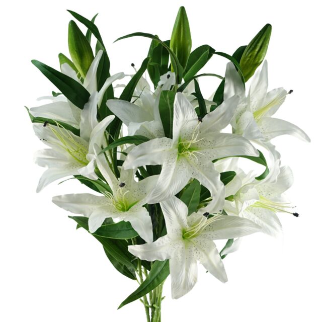 Pegdev Pack of 6 White Lily Stems 100cm with 18 Silk Flowers - image 1