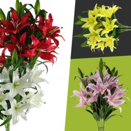 Pegdev Pack of 6 White Lily Stems 100cm with 18 Silk Flowers - thumbnail 4