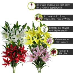 Pegdev Pack of 6 White Lily Stems 100cm with 18 Silk Flowers - thumbnail 2