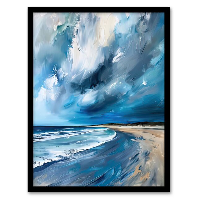 Artery8 Scottish Sandy Bay Oil Painting Stormy Sky Blue Framed Art Print - Size: A4 - image 1