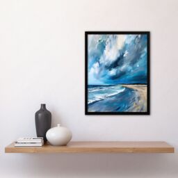 Artery8 Scottish Sandy Bay Oil Painting Stormy Sky Blue Framed Art Print - Size: A4 - thumbnail 4