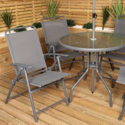 Samuel Alexander Outdoor 4 Seater Round Glass Top Table & Chairs Patio Set with Parasol in Grey - thumbnail 6